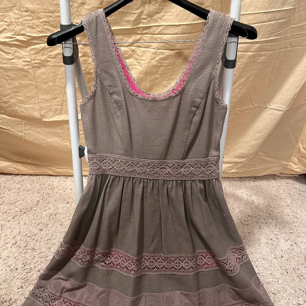 Gray with under pink color ruffled style dress, with see through lace